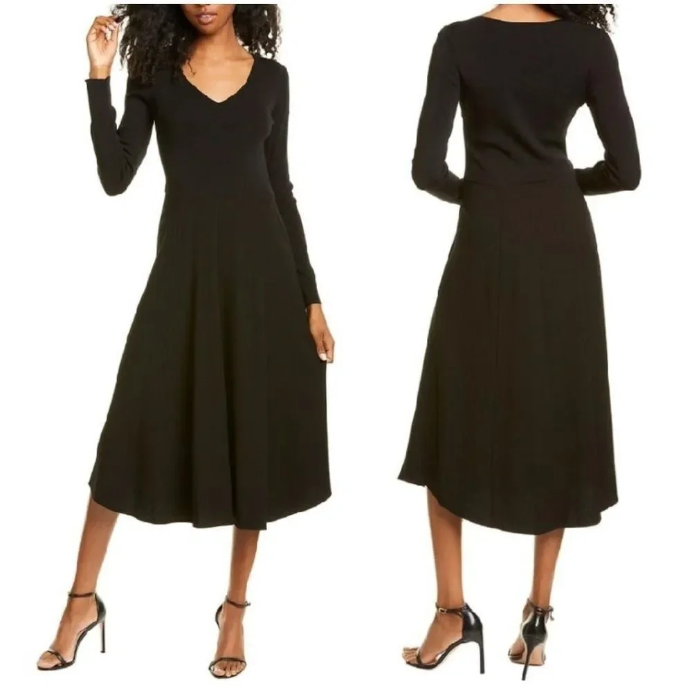 Vince Mixed Media Black V Neck Long Sleeve Dress L